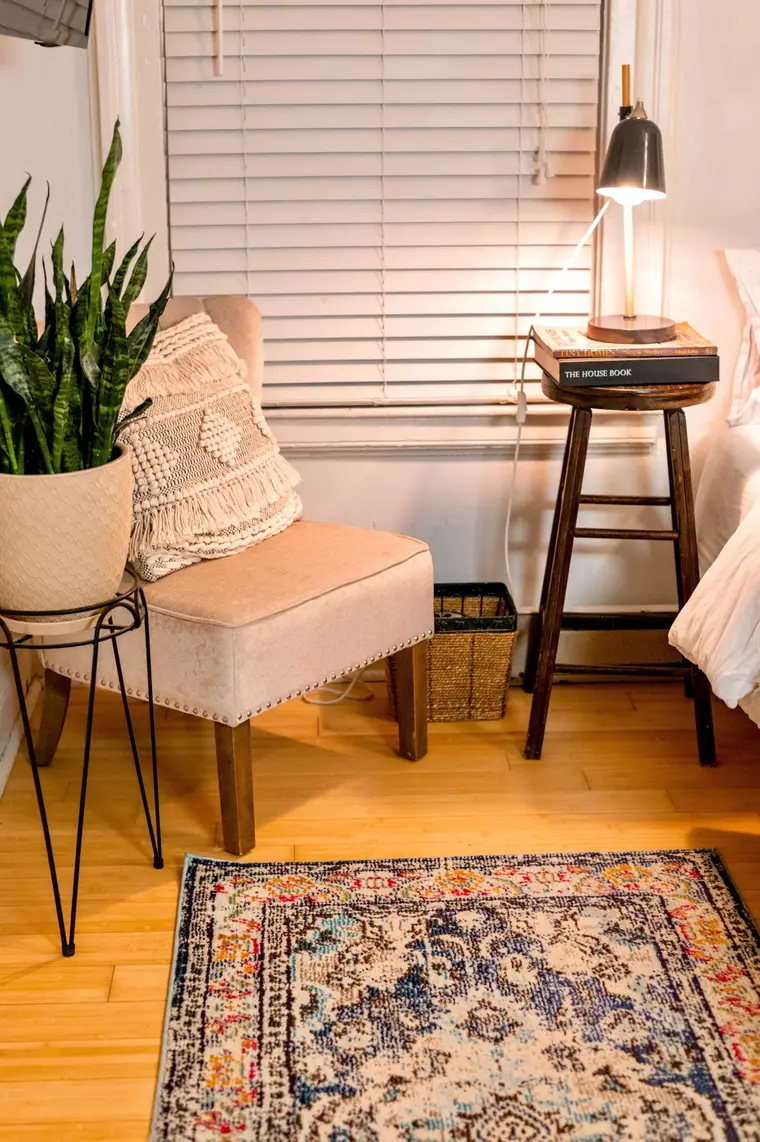 Living room seen from above with luxury vinyl plank flooring