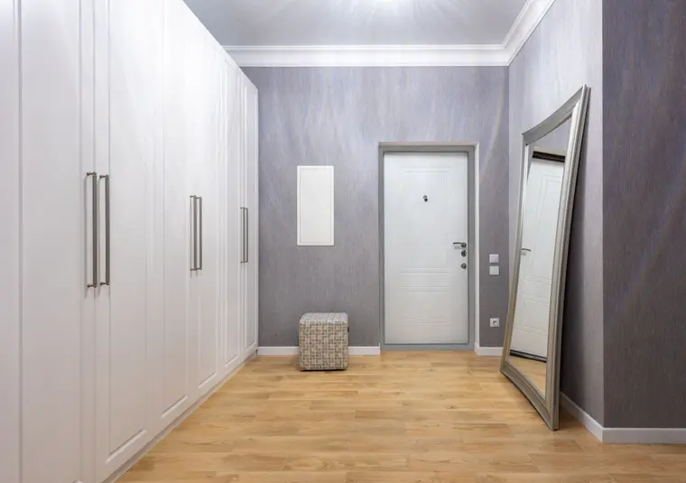 Entrance hall with luxury vinyl plank flooring between built-in closets