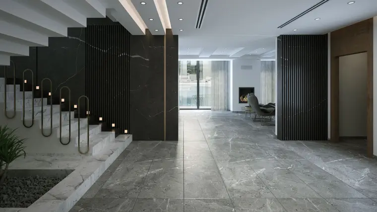 Modern interior with stone tiled floors throughout