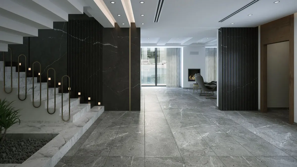 Modern interior with stone tiled floors throughout