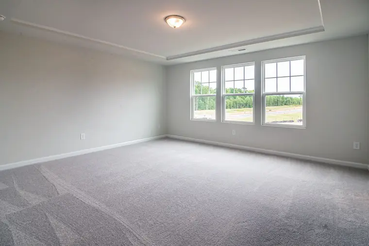 Spacious empty room with plush carpet and daylight from tall windows