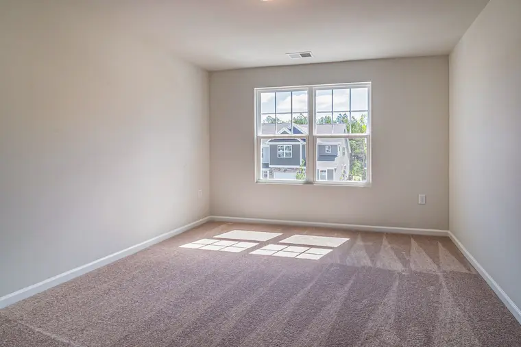 Sunlit empty room with carpet laid wall to wall