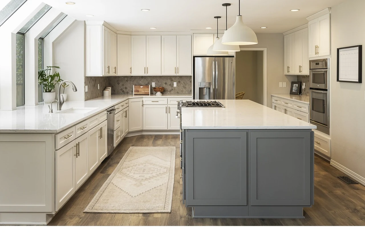 Kitchen range wall with quartz counters and white oak flooring running through